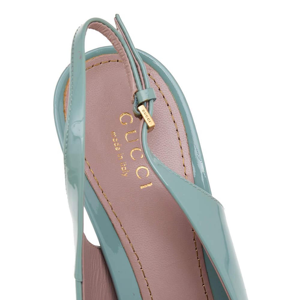 Gucci Green Patent Leather Peep Toe Slingback Sandals Size 37.5 In Good Condition For Sale In Dubai, Al Qouz 2