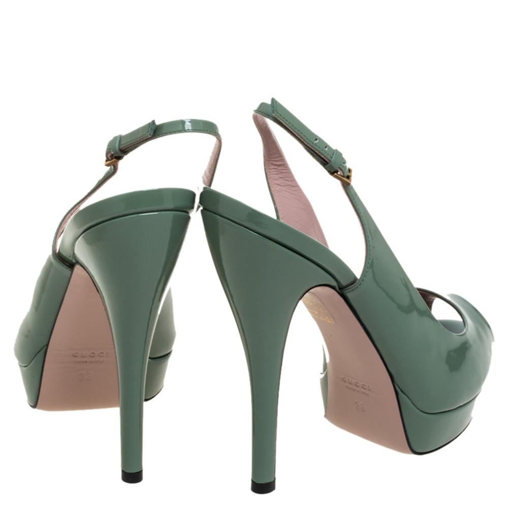 Gray Gucci Green Patent Leather Peep Toe Slingback Sandals Size 38