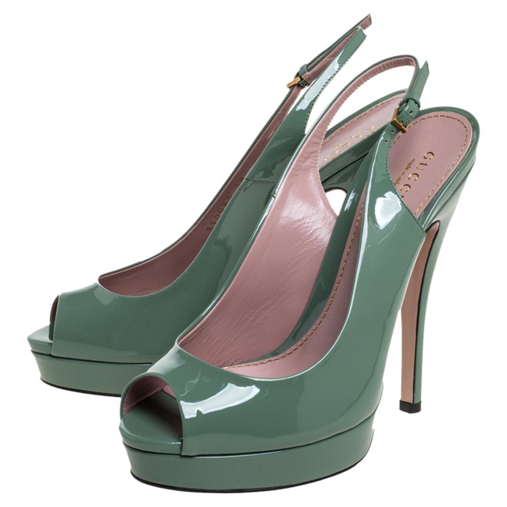 Women's Gucci Green Patent Leather Peep Toe Slingback Sandals Size 38