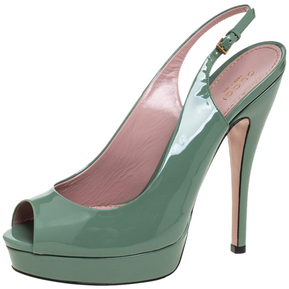 Gucci Green Patent Leather Peep Toe Slingback Sandals Size 38