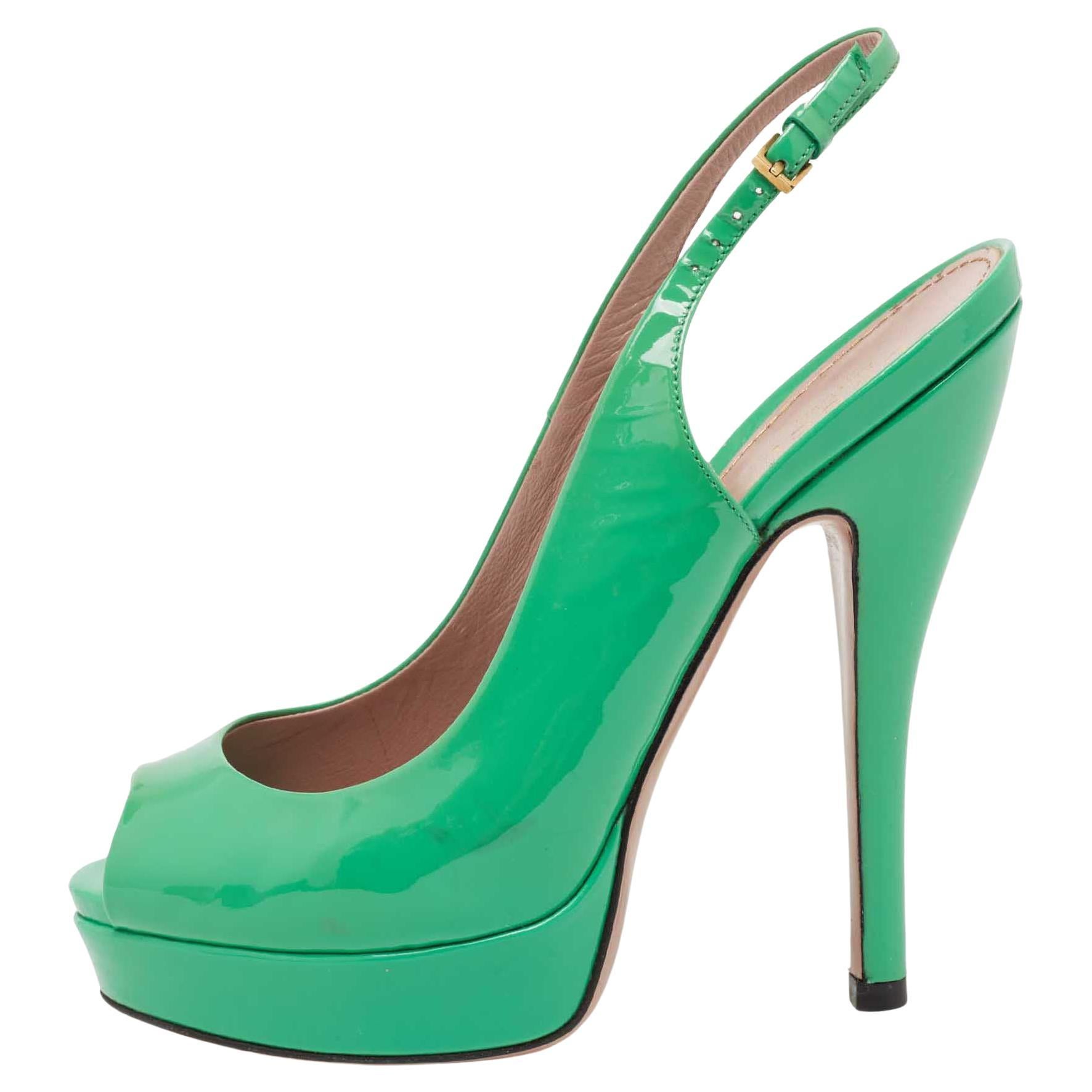 Gucci Green Patent Leather Sofia Platform Peep Toe Ankle Strap Sandals Size 35.5