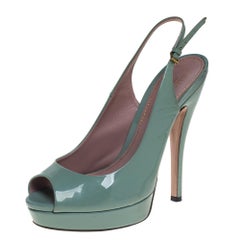 Gucci Green Patent Leather Sofia Platform Peep Toe Slingback Pumps Size 37