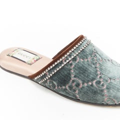 GUCCI green pink GG logo embroidery velvet crystal strass mule slippers EU37.5