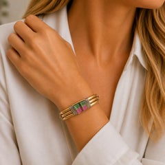 Gucci Green & Pink Tourmaline 18 Karat Yellow Gold Vintage Bangle Bracelet