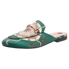 Used Gucci Green Printed Satin Princetown Horsebit Mules Size 40