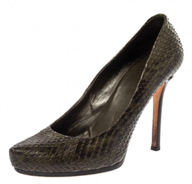 Black Gucci Green Python Leather Platform Pumps Size 40 For Sale