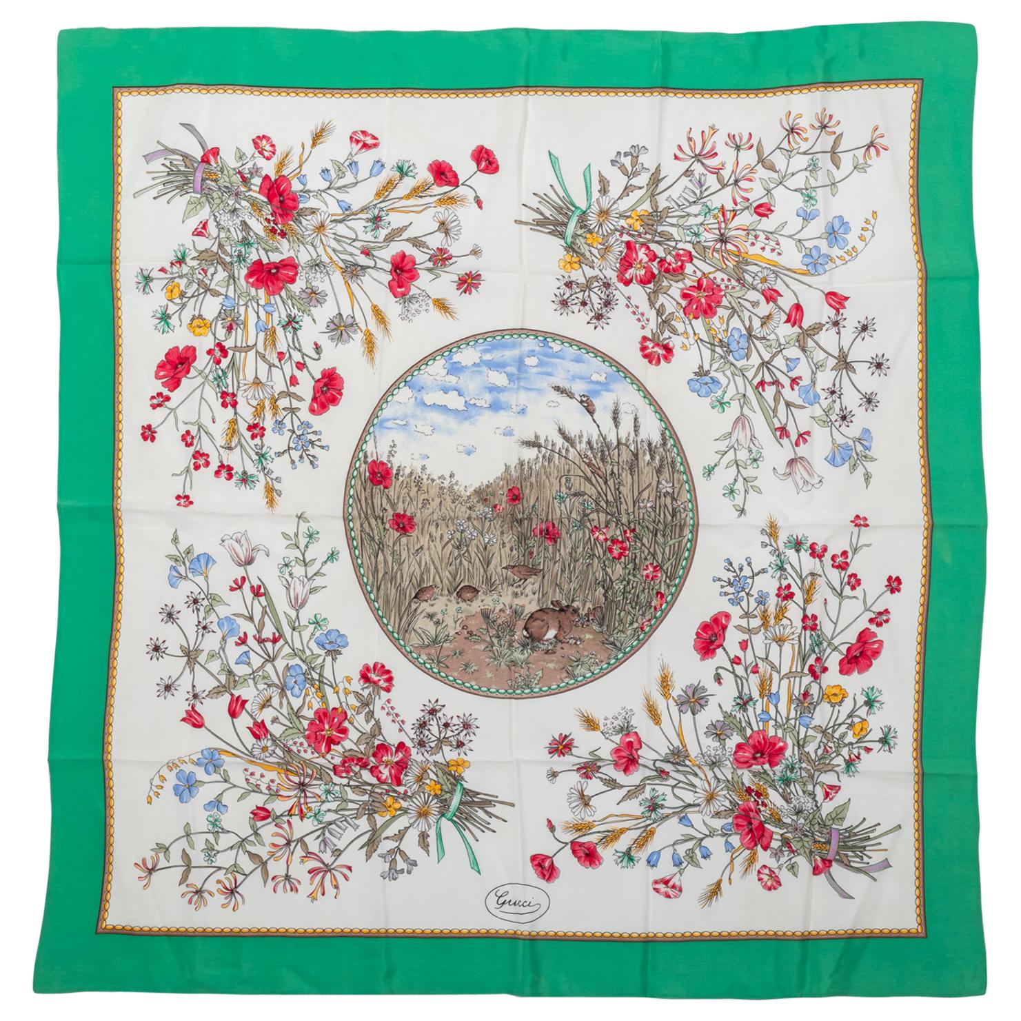 Gucci Green Rabbit Flowers Silk Scarf