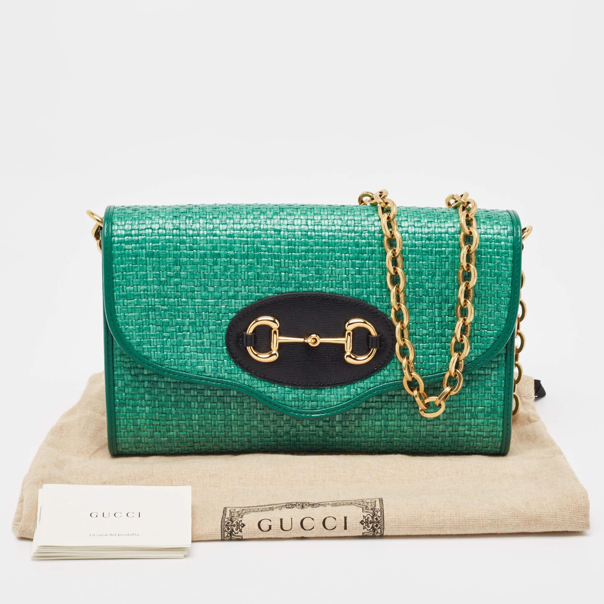 Gucci Green Raffia Horsebit 1955 Chain Shoulder Bag 8