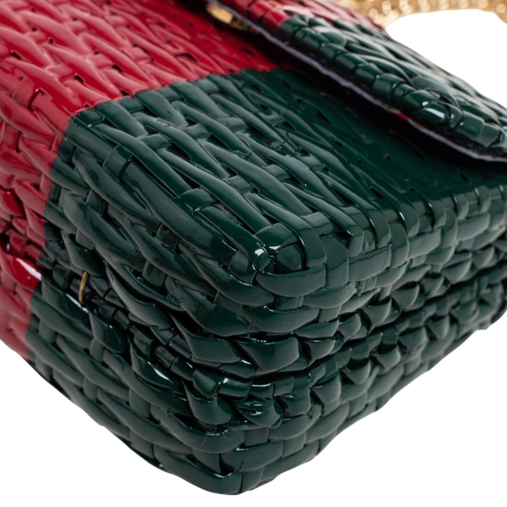 Black Gucci Green/Red Glazed Wicker Small Linea Cestino Shoulder Bag