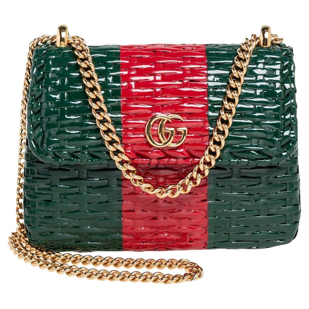 Gucci Green/Red Glazed Wicker Small Linea Cestino Shoulder Bag
