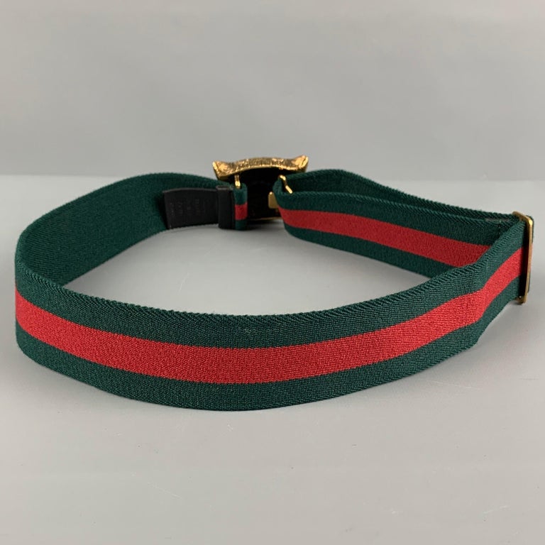 GUCCI Green Red Gold Stripe Fabric Brass Feline Head Belt at  display picture 3