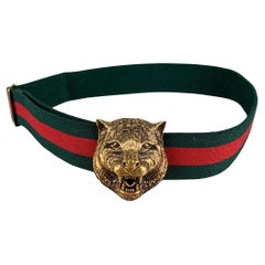 GUCCI Green Red Gold Stripe Fabric Brass Feline Head Belt