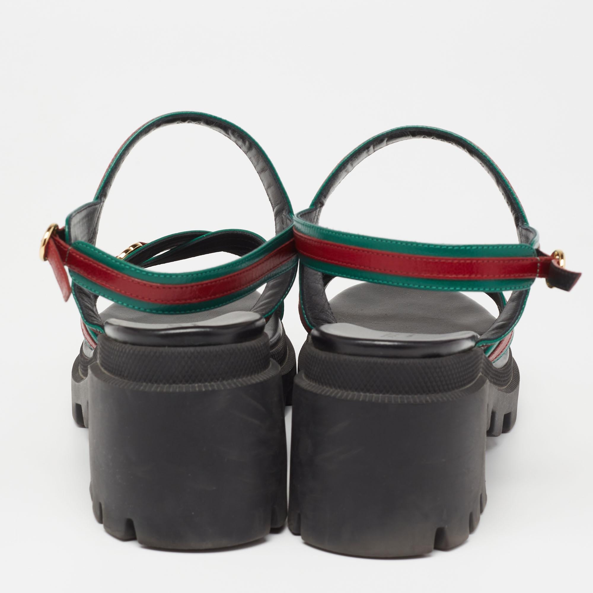 Gucci Green/Red Leather Block Heel Sandals Size 41 In Good Condition In Dubai, Al Qouz 2