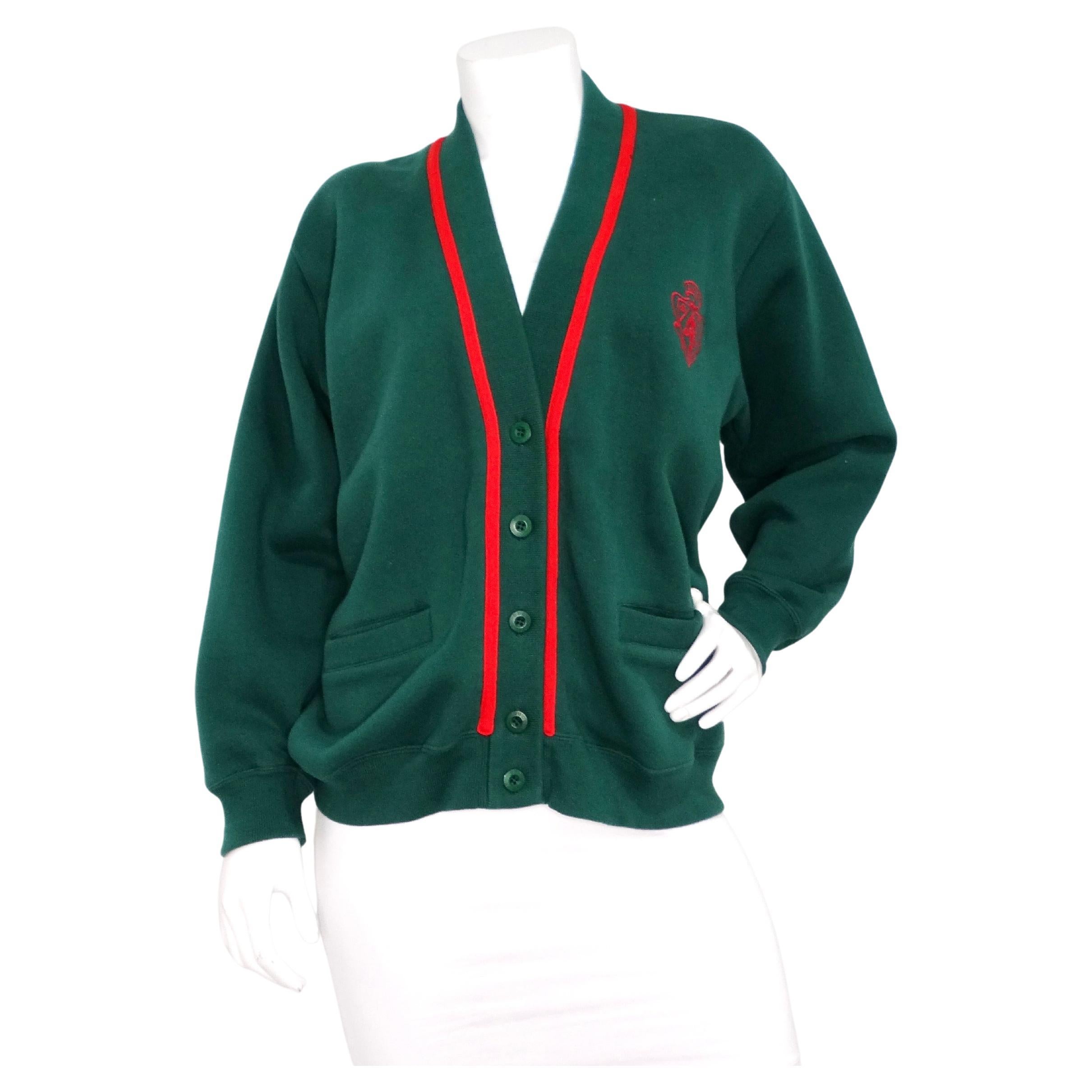 Gucci Strickjacke mit grünem und rotem Baumwoll-Logoaufnäher, ca. 1980er Jahre im Angebot
