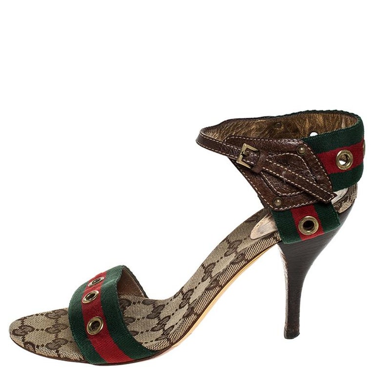 Gucci Green/Red Web Brown Leather Embellished Ankle Strap Sandals Size ...