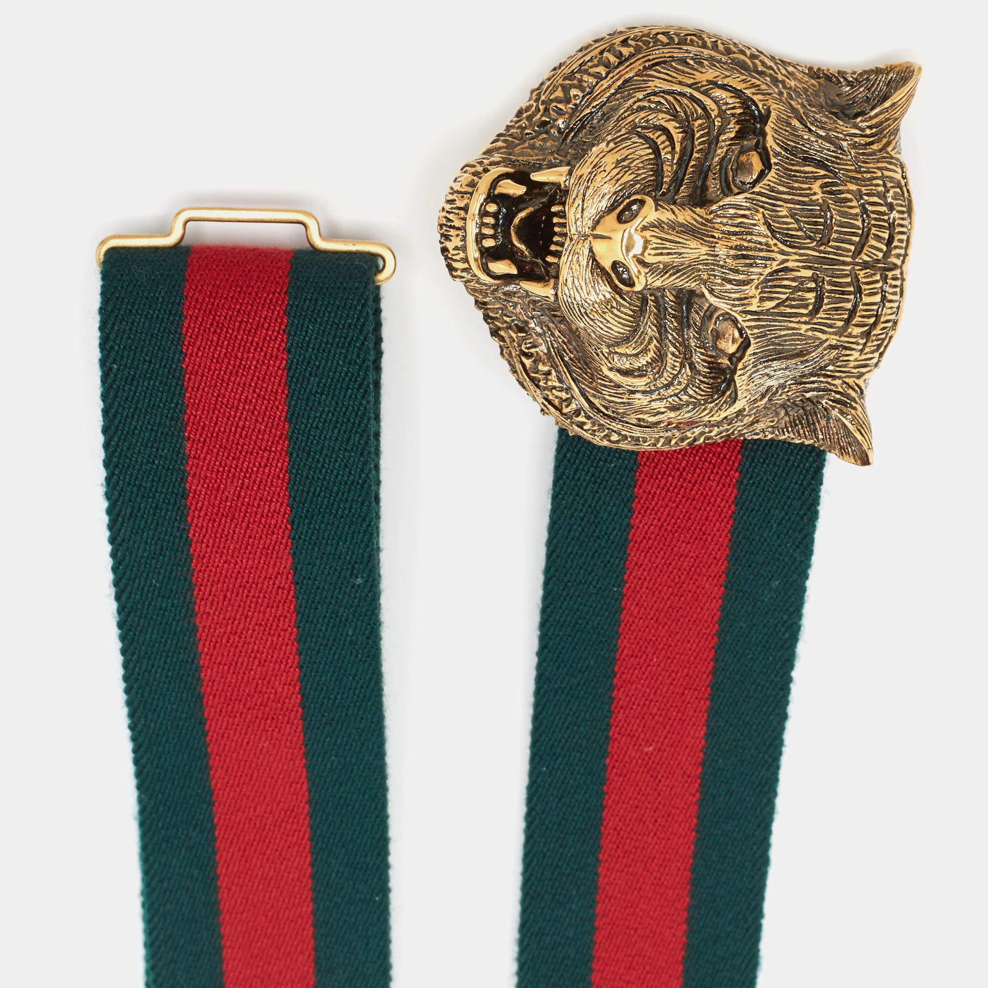 Black Gucci Green/Red Web Canvas Feline Buckle Belt 75 CM For Sale
