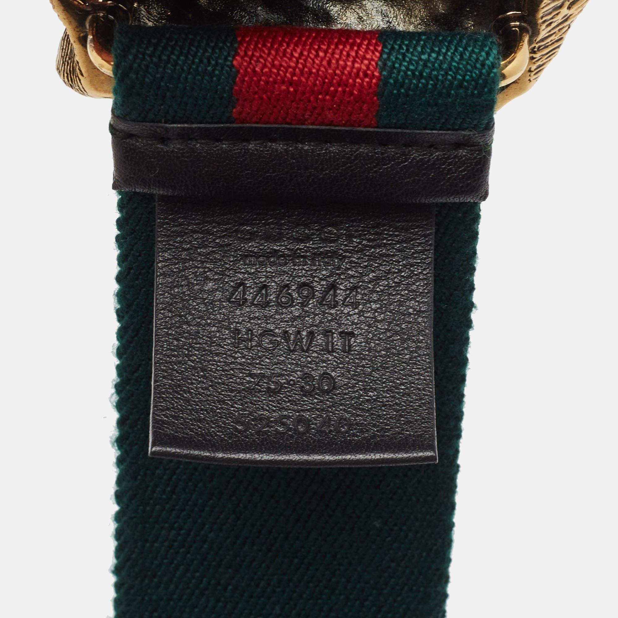 Gucci Gürtel aus grünem/rotem Segeltuch mit Feline-Schnalle 75 CM Damen im Angebot