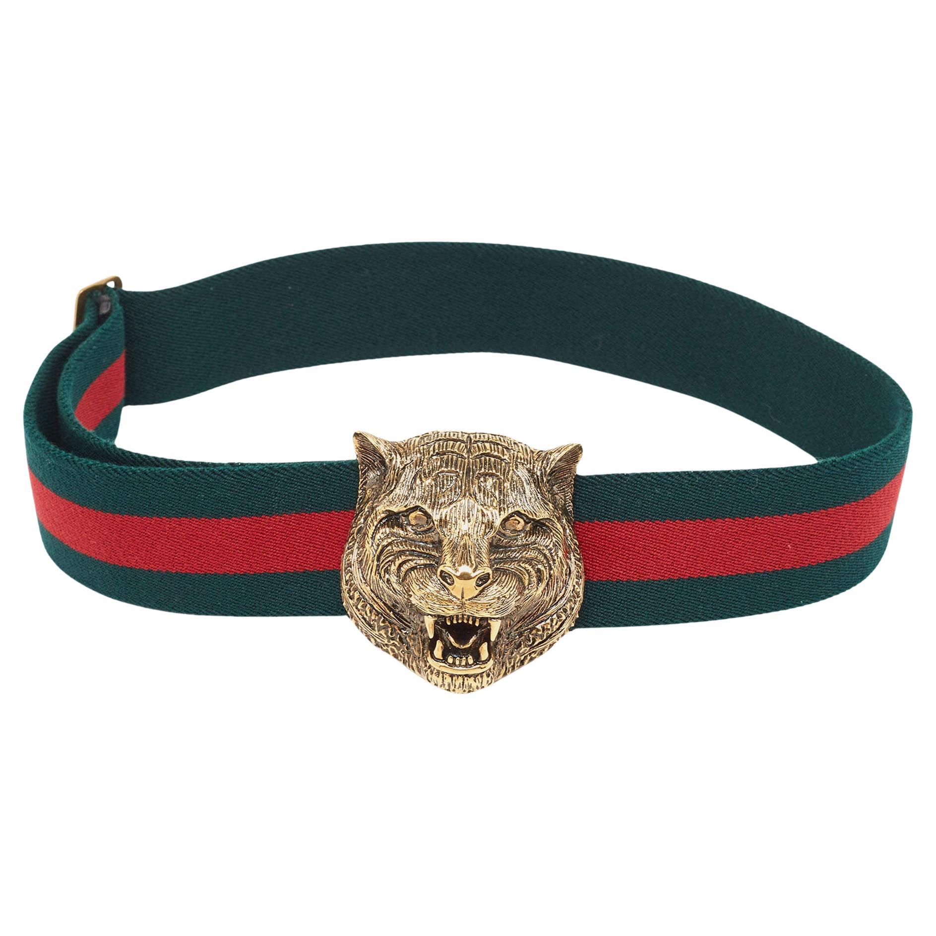 Gucci Green/Red Web Canvas Feline Buckle Belt 75 CM For Sale