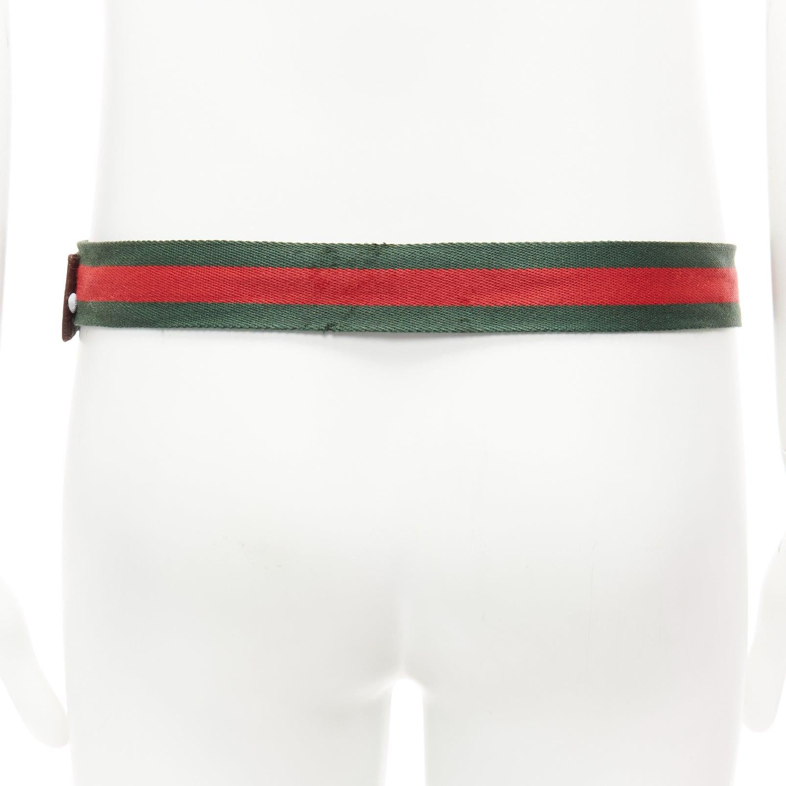 GUCCI green red web fabric silver logo D-ring brown leather belt 1