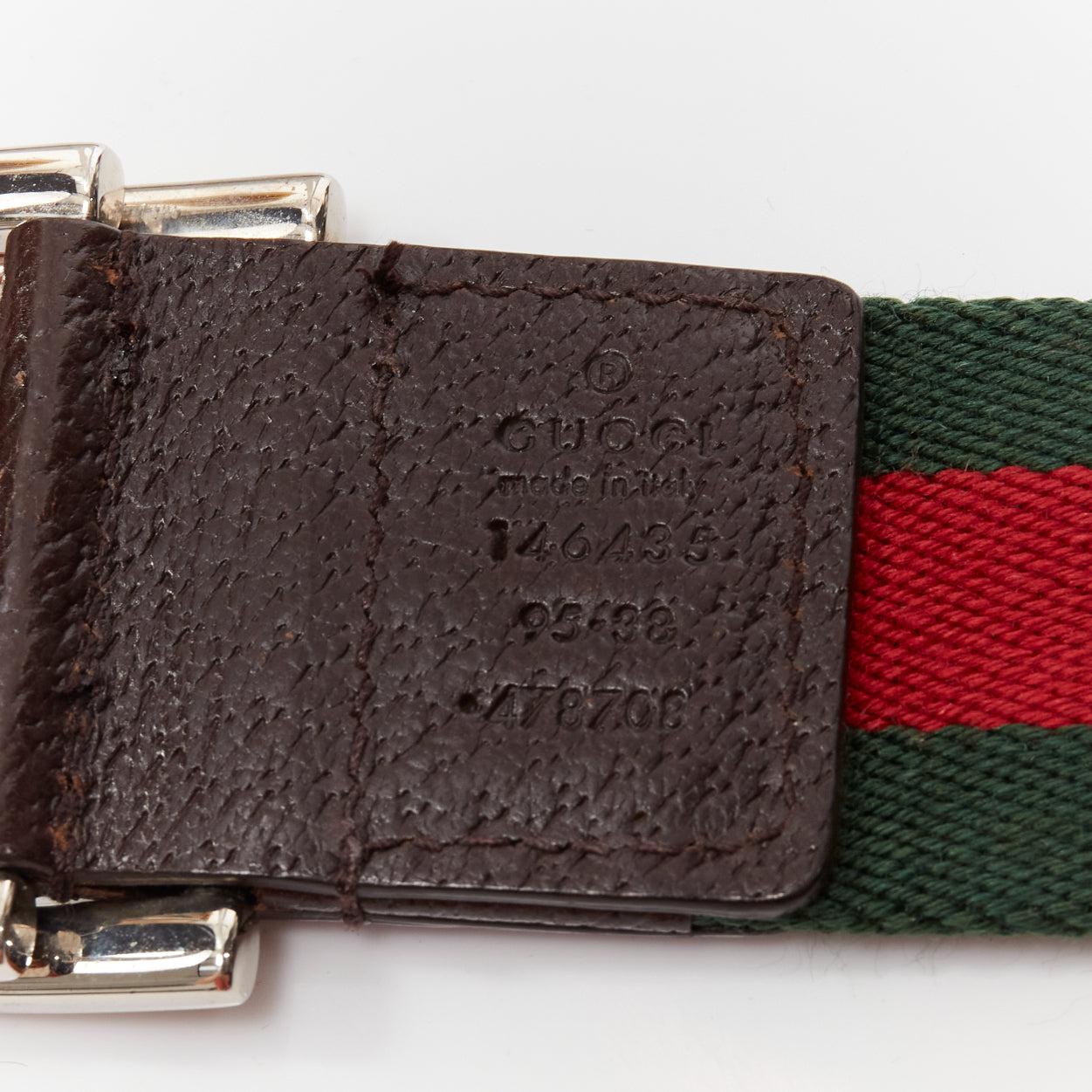 GUCCI green red web fabric silver logo D-ring brown leather belt 5