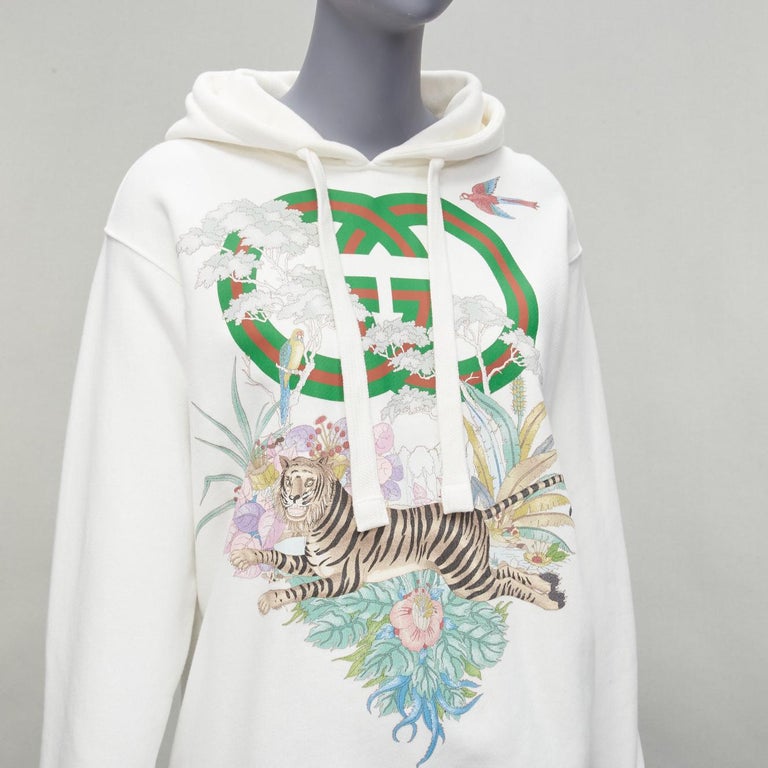 GUCCI - Pull à capuche blanc à imprimé floral tigré, vert et rouge, avec  logo GG En vente sur 1stDibs