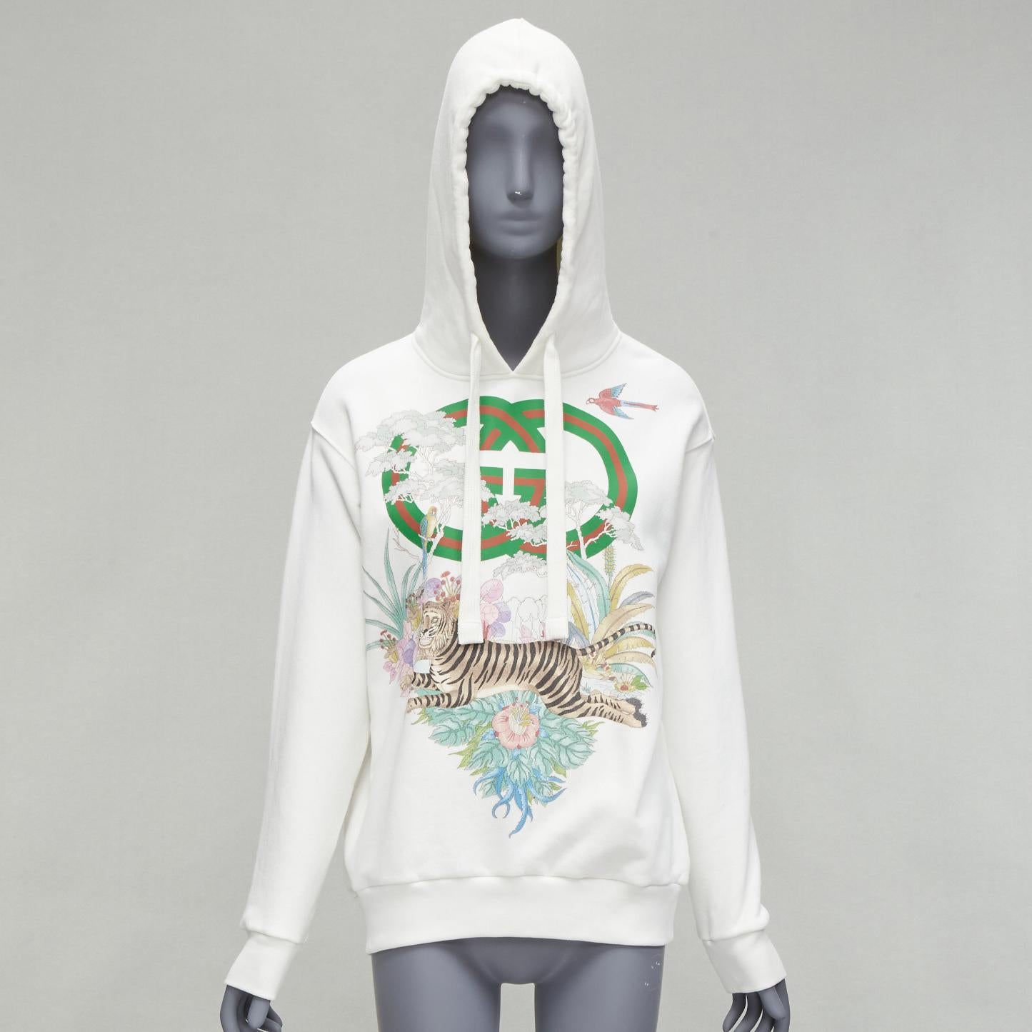 Gray GUCCI green red web GG logo Tiger floral illustration white hoodie sweatshirt