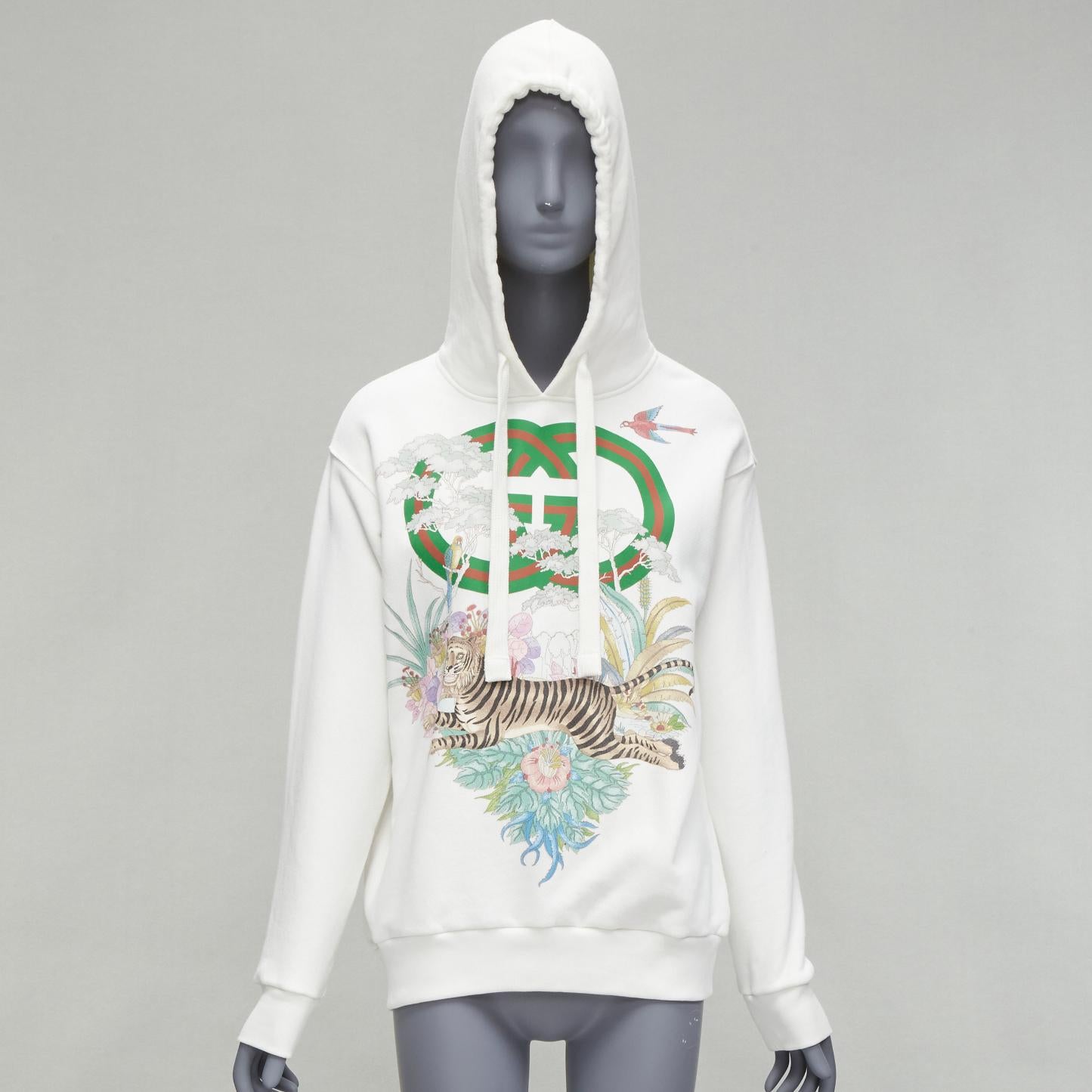 Gray GUCCI green red web GG logo Tiger floral illustration white hoodie sweatshirt 