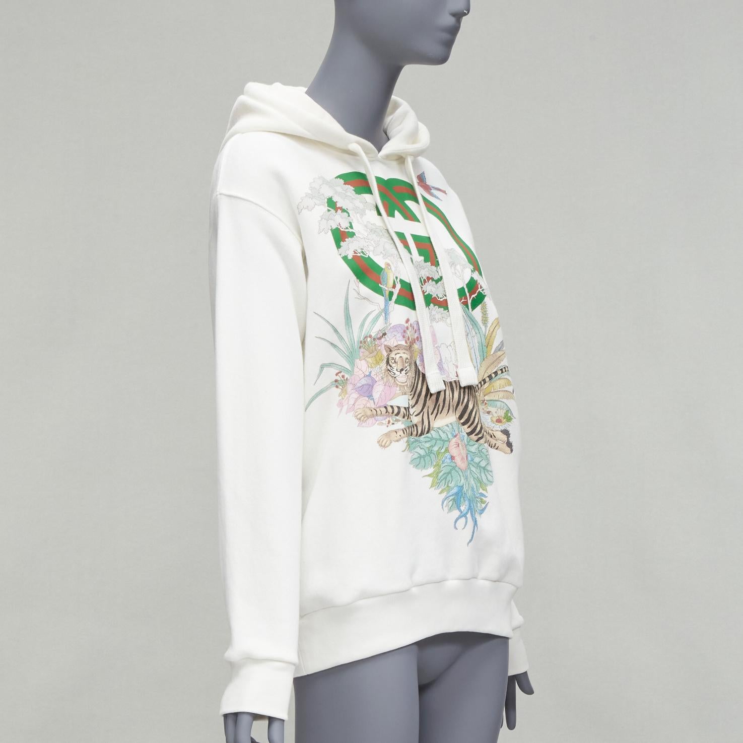 GUCCI green red web GG logo Tiger floral illustration white hoodie sweatshirt  In Excellent Condition In Hong Kong, NT