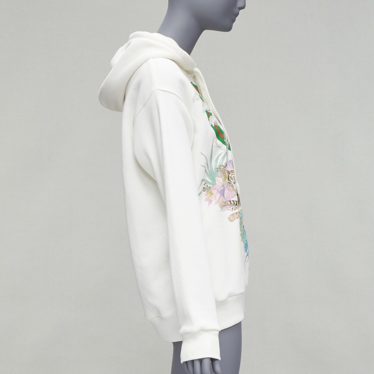 Women's GUCCI green red web GG logo Tiger floral illustration white hoodie sweatshirt