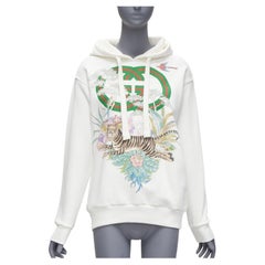 GUCCI green red web GG logo Tiger floral illustration white hoodie sweatshirt