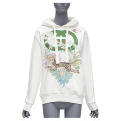 GUCCI green red web GG logo Tiger floral illustration white hoodie sweatshirt 