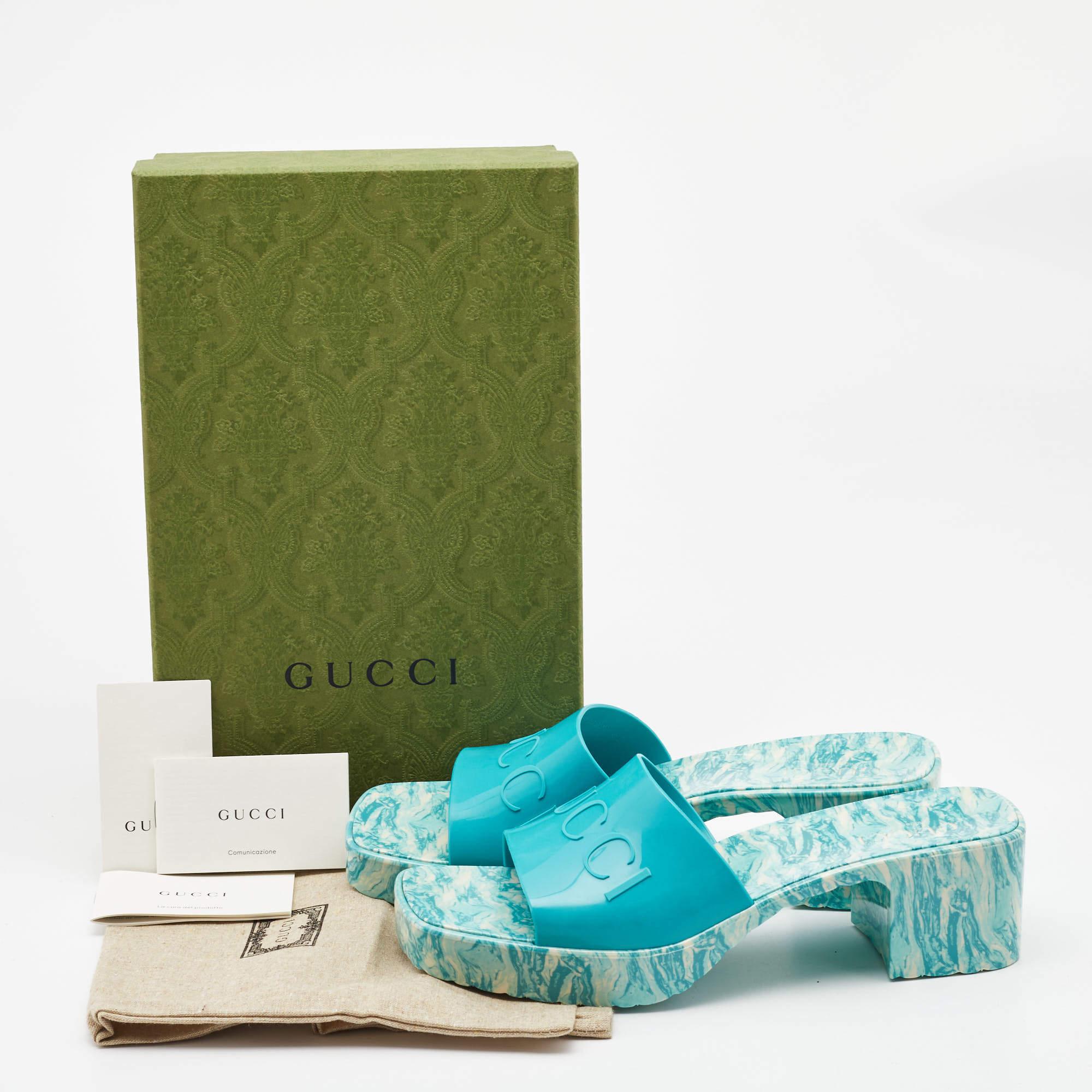 Gucci Green Rubber Marble Detail Block Heel Slide Sandals Size 40 1