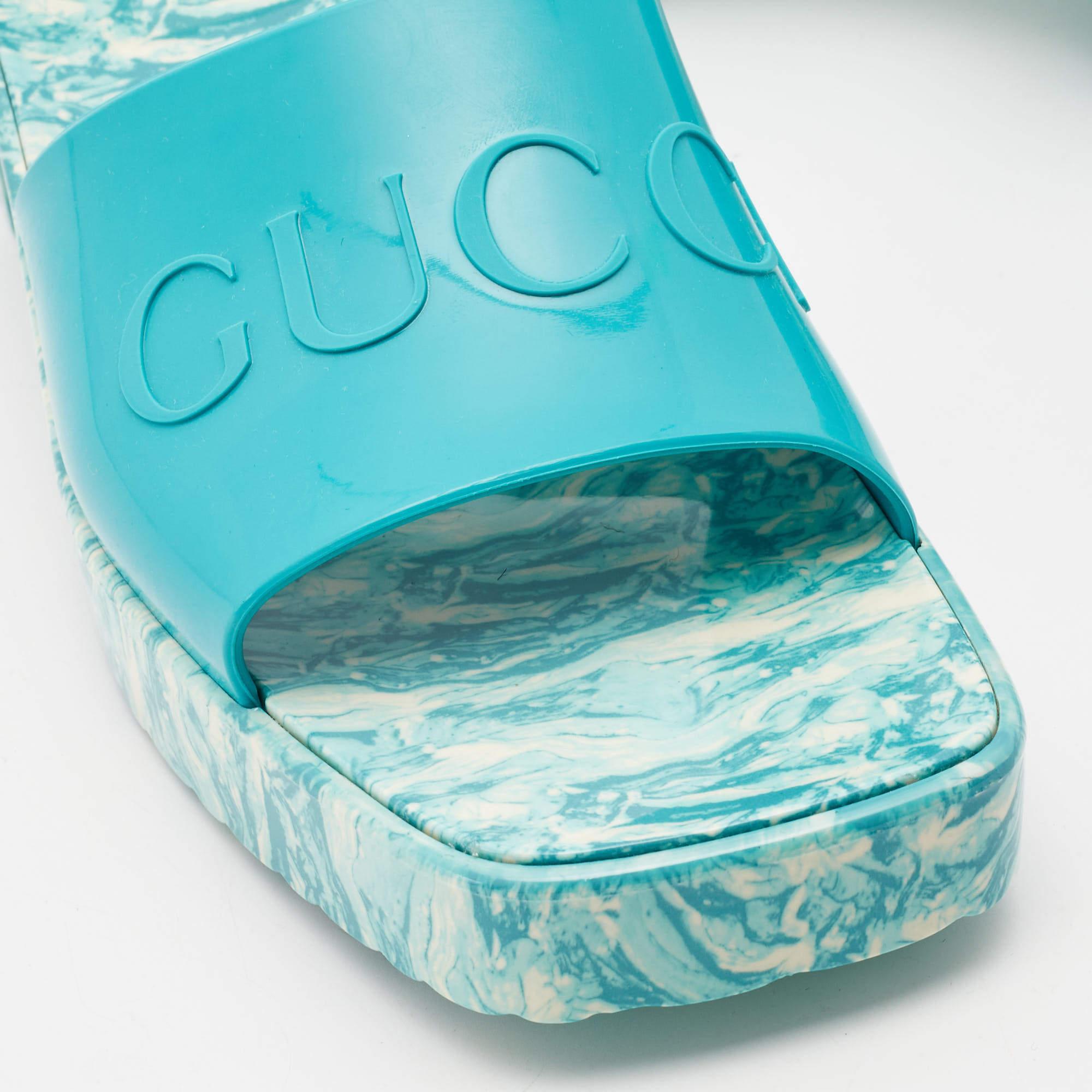 Gucci Green Rubber Marble Detail Block Heel Slide Sandals Size 40 3
