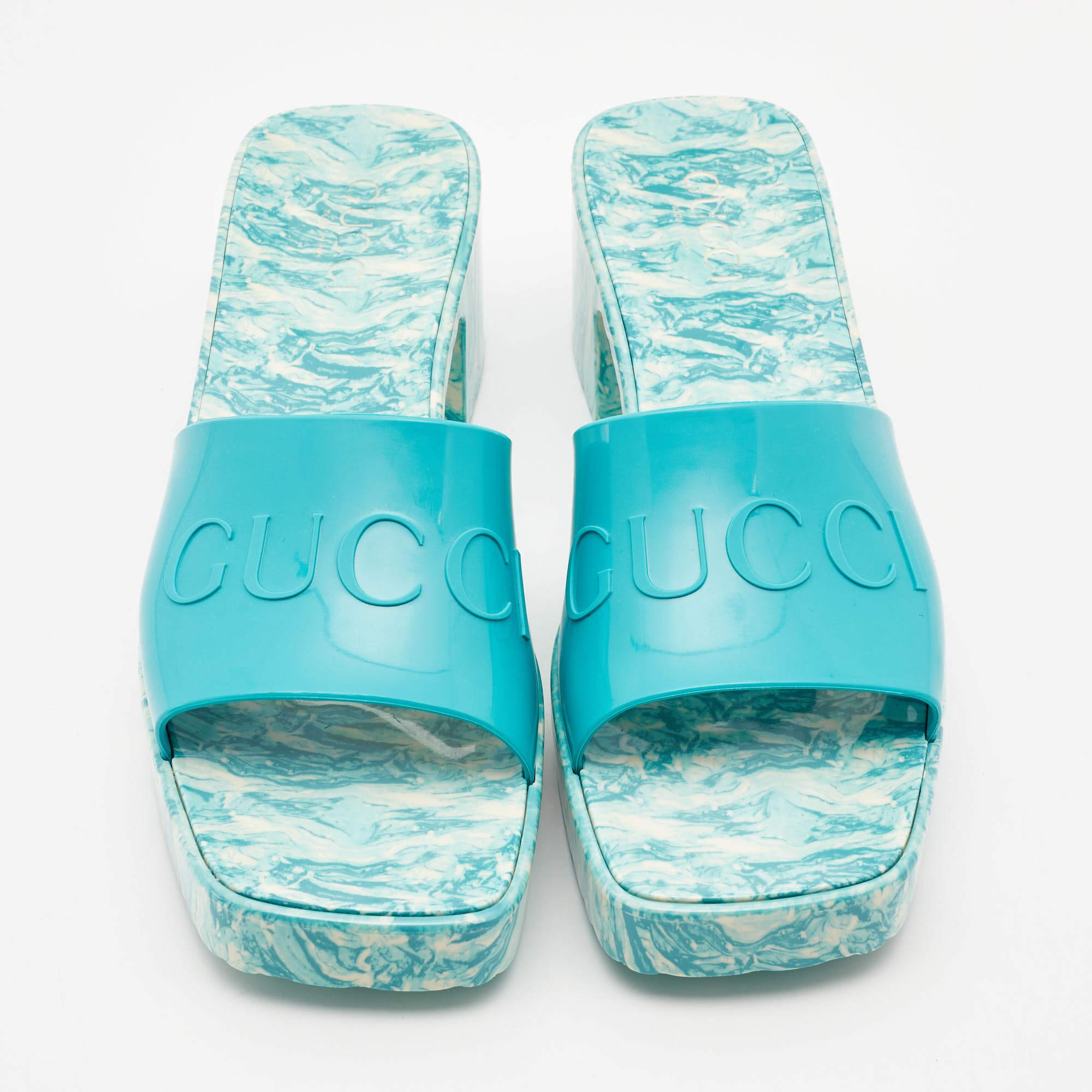 Gucci Green Rubber Marble Detail Block Heel Slide Sandals Size 40 4