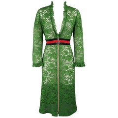 Gucci Green Ruffled Lace Striped Waist Zip A Line Dress