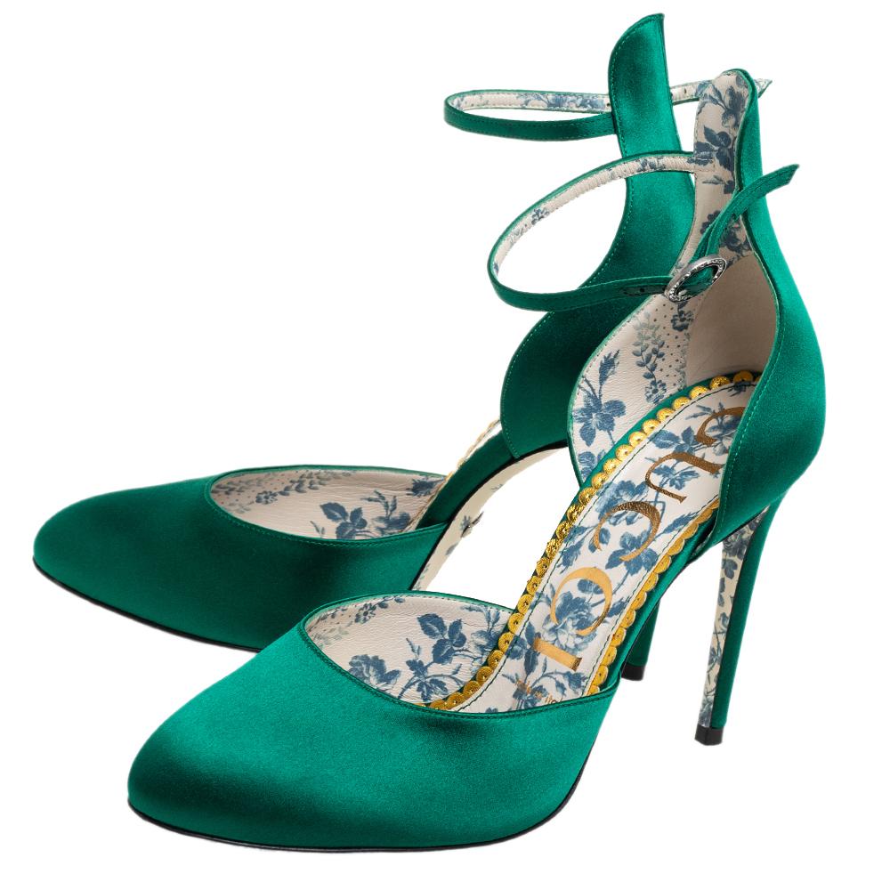 Gucci Green Satin D'orsay Ankle Strap Pumps Size 37.5 1