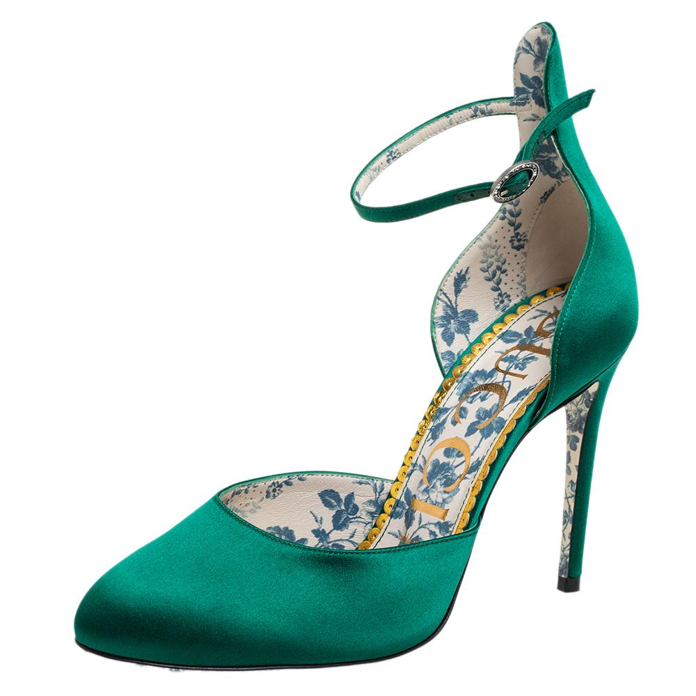 Gucci Green Satin D'orsay Ankle Strap Pumps Size 37.5
