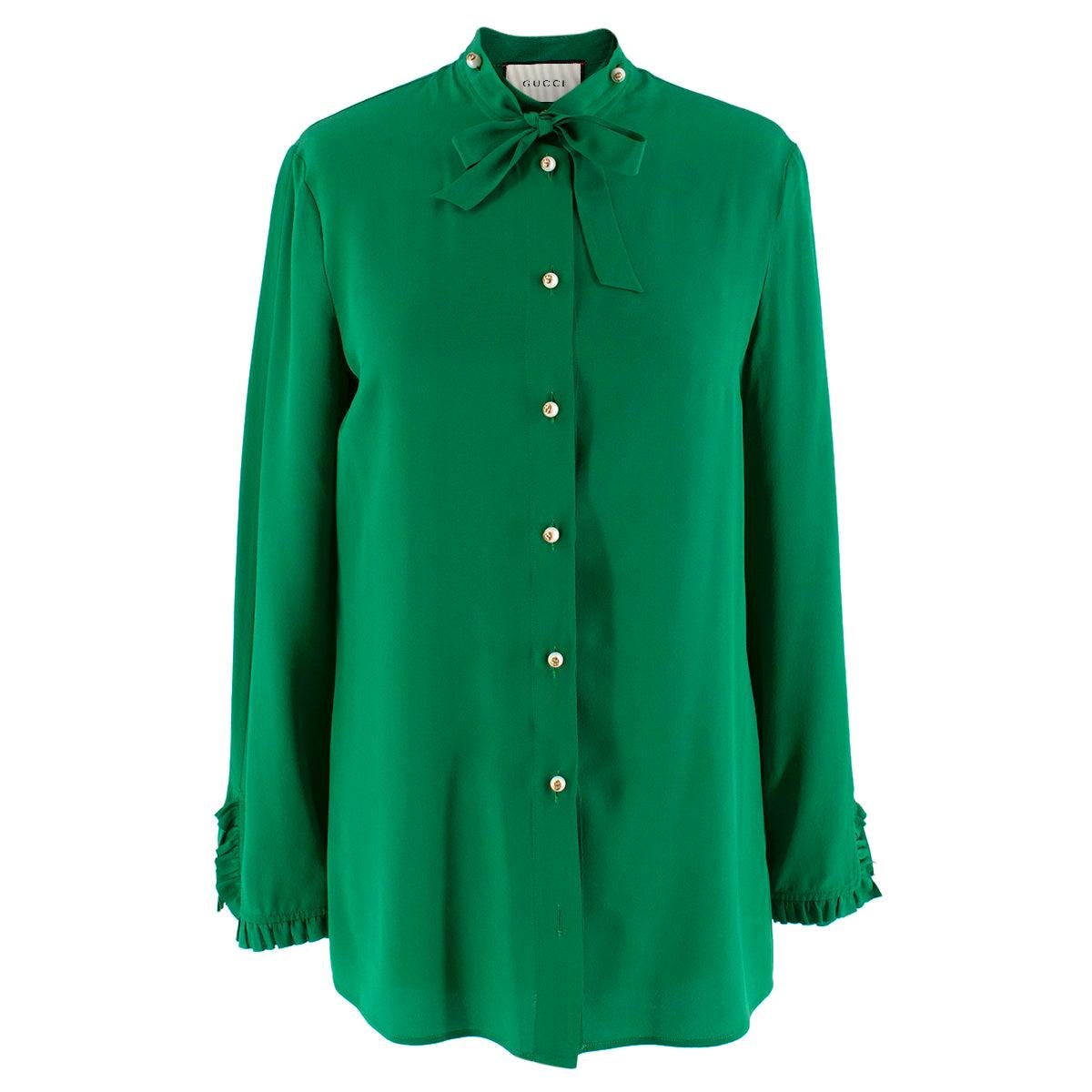 Gucci Green Silk Shirt with Pearl Buttons & Necktie 40