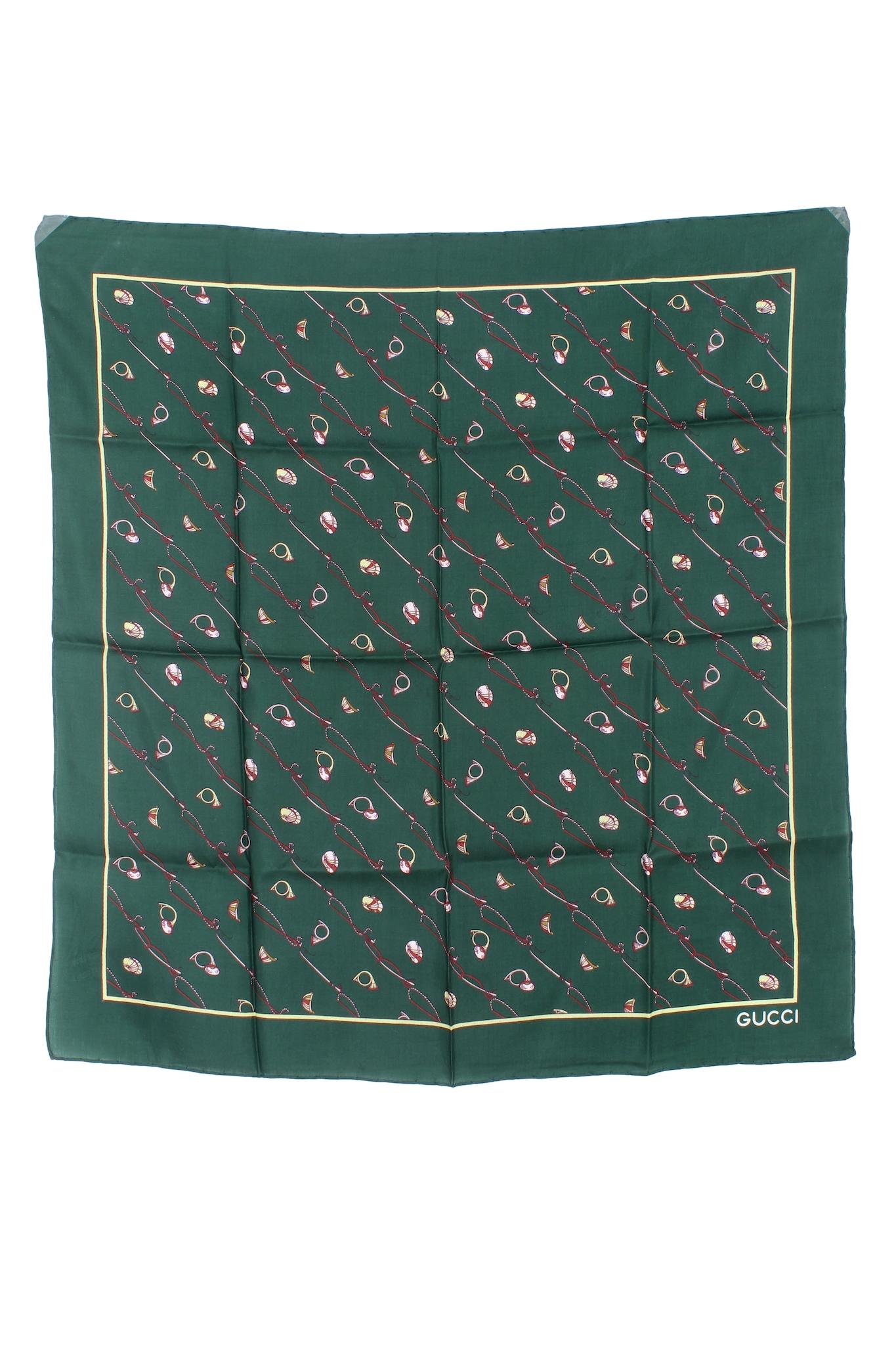 Women's Gucci Green Silk Vintage Equestrian Scarf 70s For Sale
