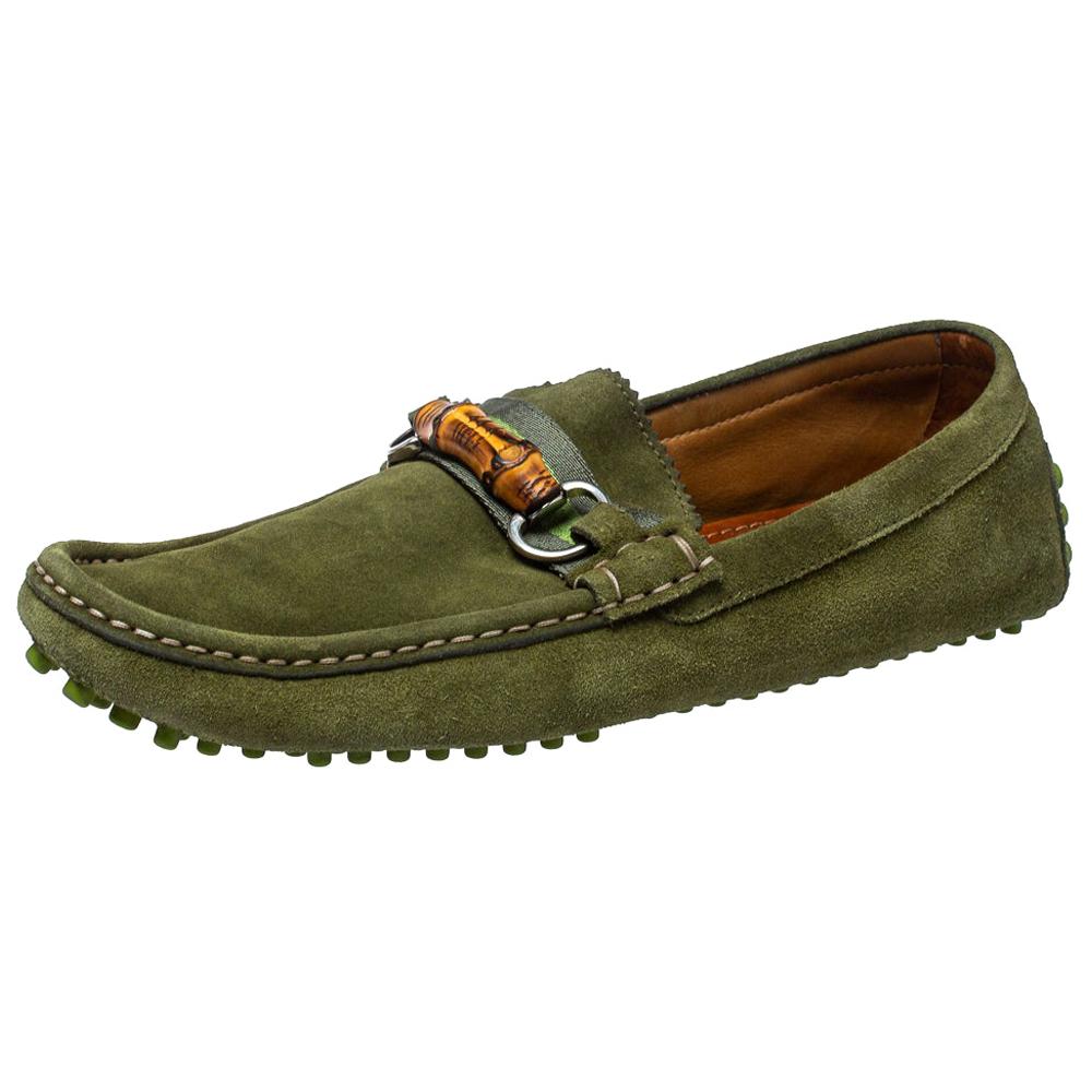 Gucci Green Suede Bamboo Horsebit Loafers Size 42.5 For Sale