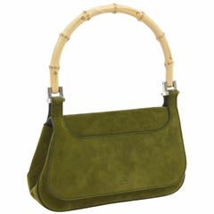 Gucci Green Suede Bamboo Top Handle Small Party Evening Satchel Bag