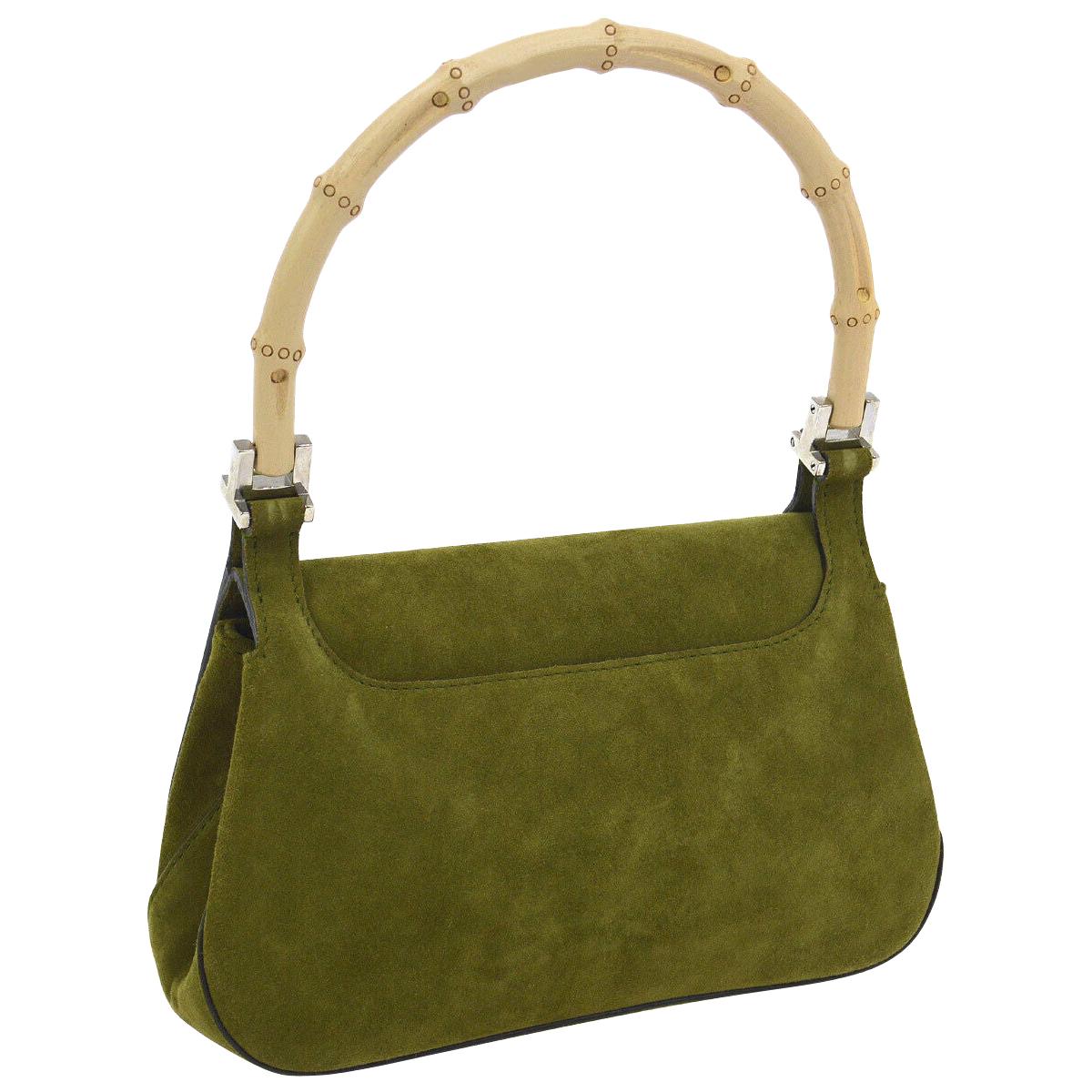 Gucci Green Suede Bamboo Top Handle Small Party Evening Satchel Bag