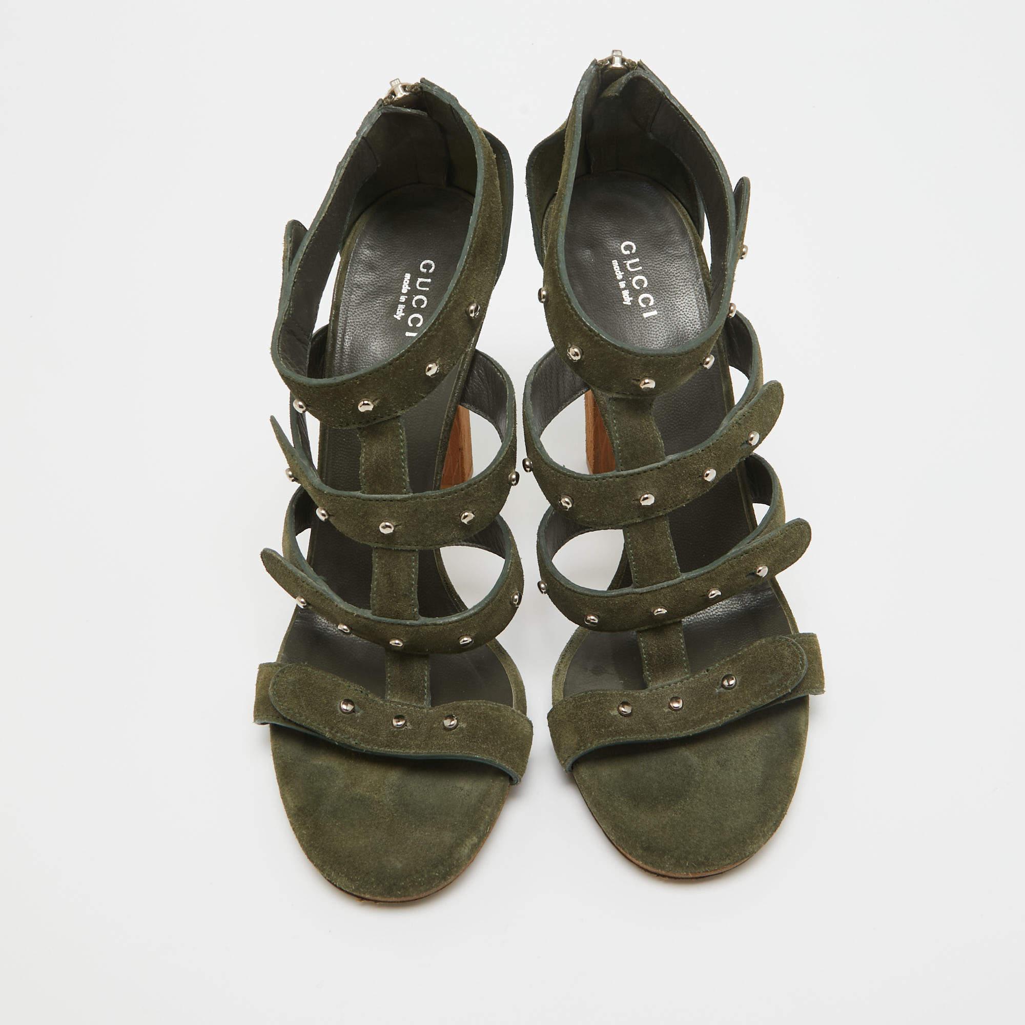 Black Gucci Green Suede Gladiator Ankle Sandals Size 40.5