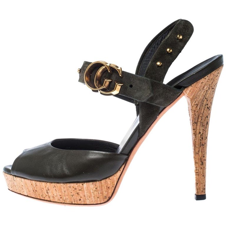 Gucci Green Suede Leather GG Ankle Strap Peep Toe Cork Platform Sandals ...