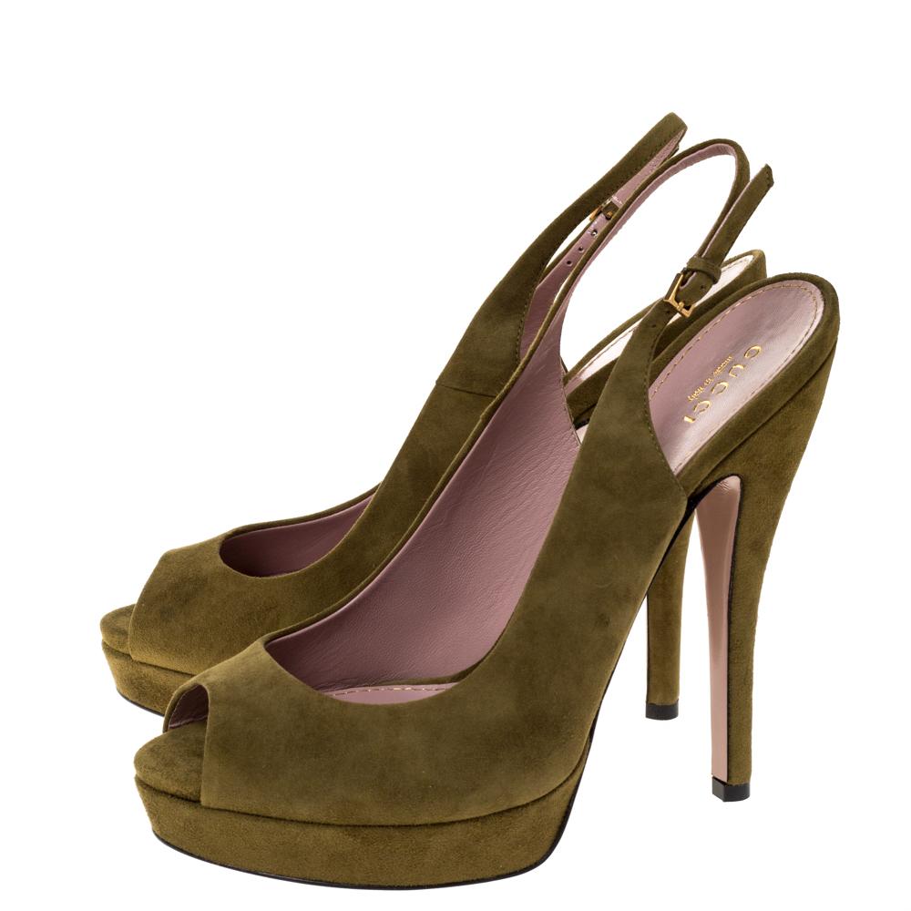 Brown Gucci Green Suede Leather Platform Slingback Sandals Size 39