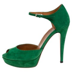 Gucci Green Suede Peep Toe Ankle Strap Platform Sandals Size 37