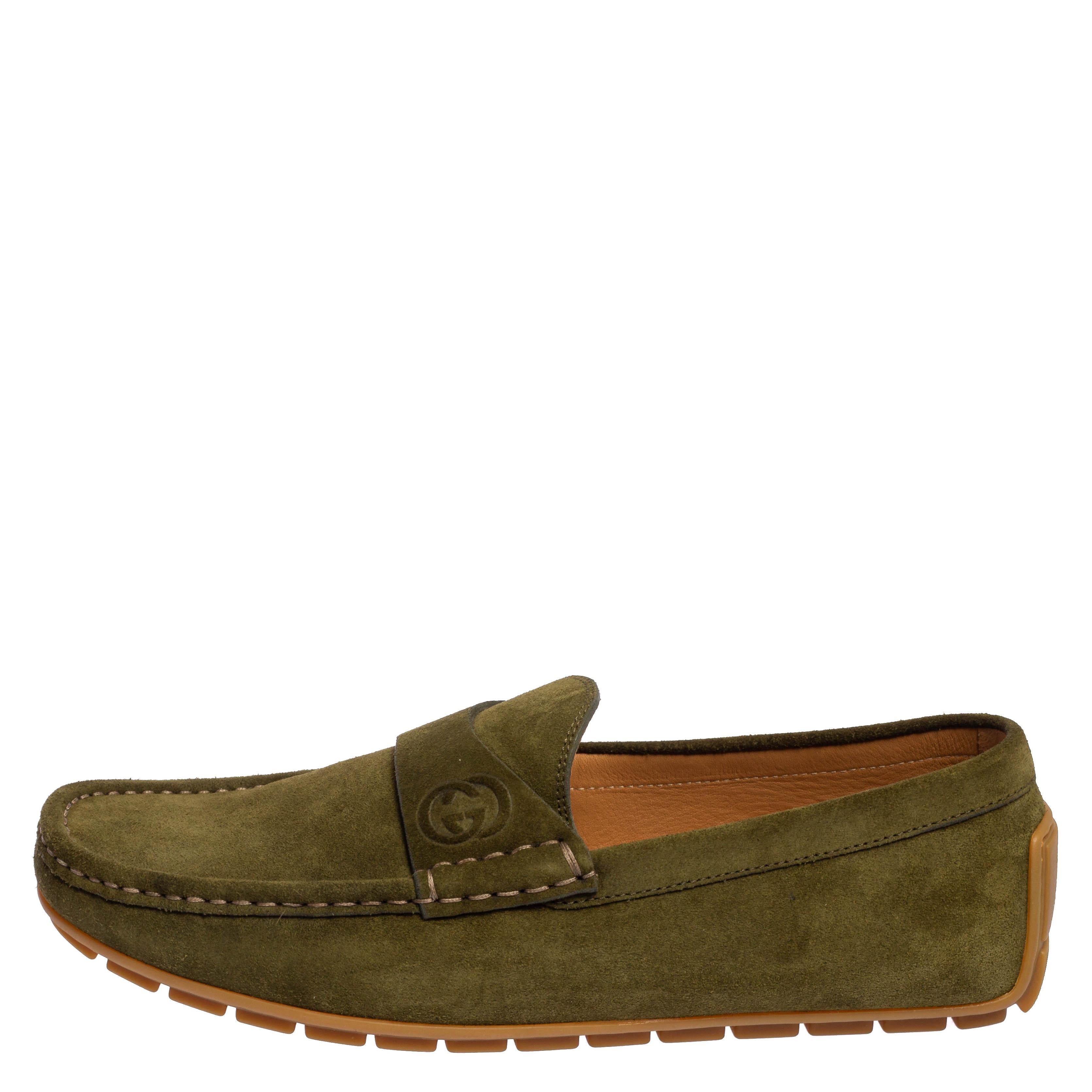 Brown Gucci Green Suede Slip On Loafers Size 41