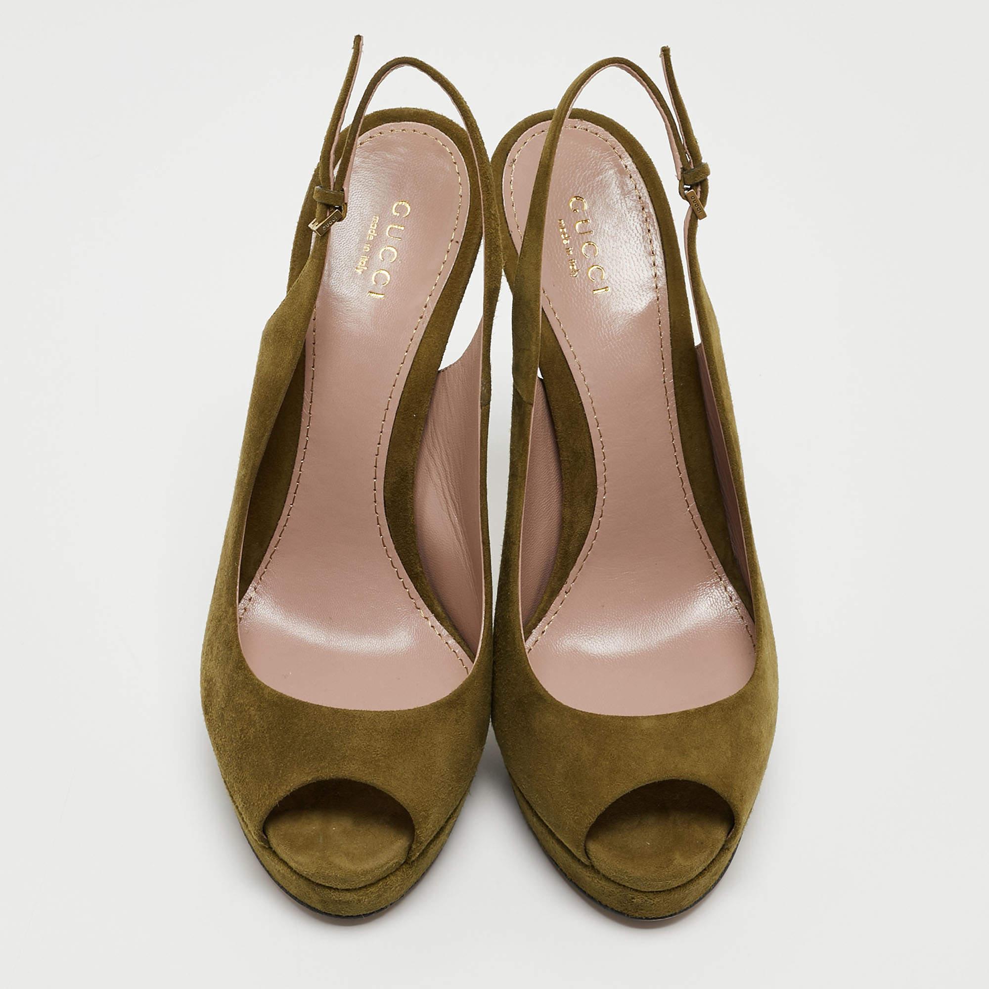 Brown Gucci Green Suede Sofia Slingback Platform Pumps Size 38.5 For Sale