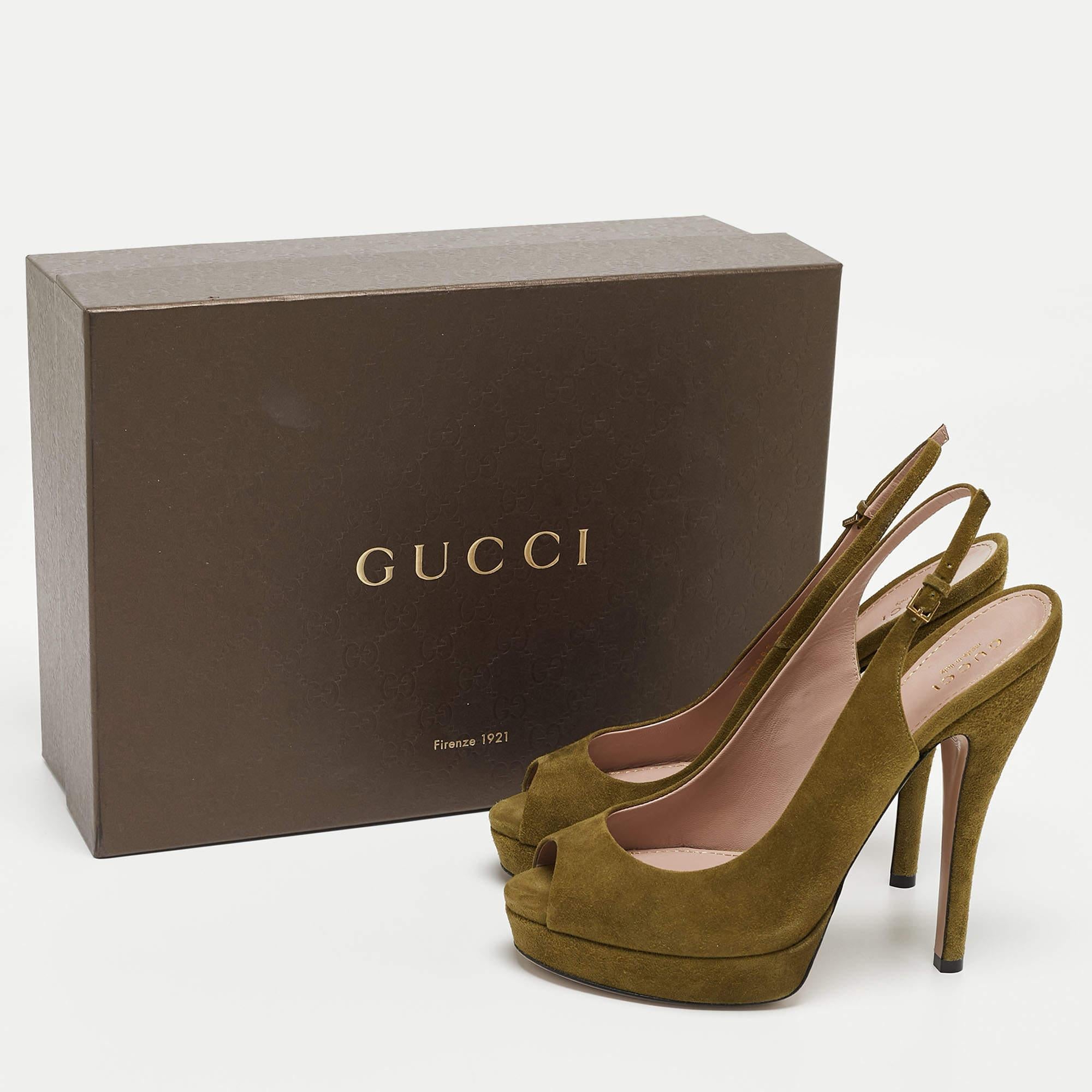 Gucci Green Suede Sofia Slingback Platform Pumps Size 38.5 For Sale 4