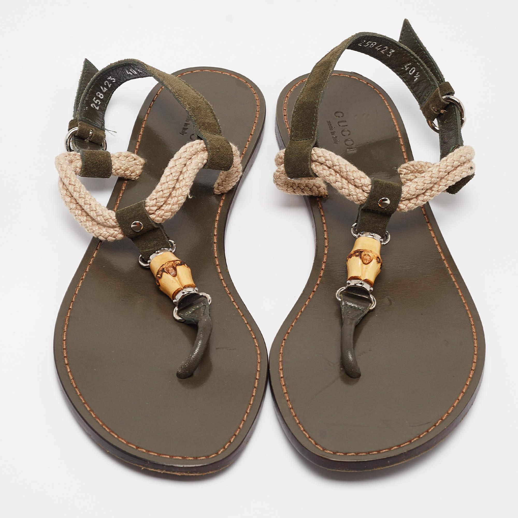 Black Gucci Green Suede Thong Flat Sandals Size 40.5